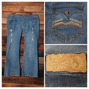 Firefly Jeans Plus Size 22 Boot Cut Flare Low Rise Distressed Beaded Blue Denim